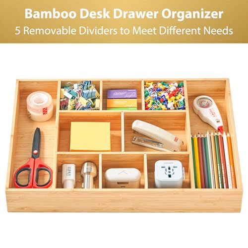 Umilife Extra Large Bamboo Desk Drawer Organizer, Wood Junk Organizer Tray with Adjustable Dividers, Anti-Skip Storage Organization in Office Bathroom Drawer for Vanity, Makeup, 17" x 12" - size: 17"x12"