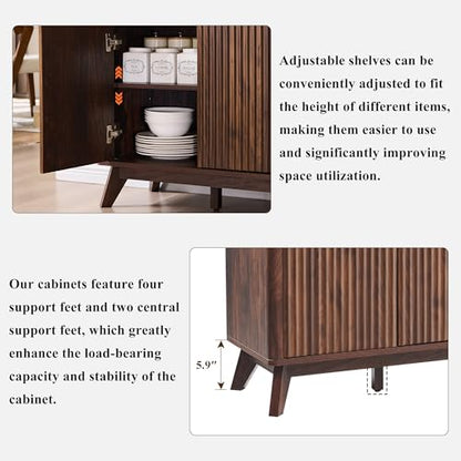 T4TREAM 60 Inch Fluted Buffet Sideboard Cabinet, Dark Walnut | Modern Coffee Bar Storage Cabinet With 3 Drawers & 4 Doors, for Dining Room, Living Room, Hallway, Adjustable shelves - color: Dark Walnut