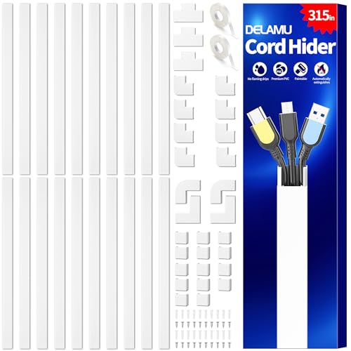 Delamu Cord Hider, 315in Wire Covers for 2-3 Cords on Wall, Premium Cable Hider Cord Covers for Wires on Wall, Cable Management Wire Hiders for TV, Cable Raceway Kit, L15.7 x W0.95 x H0.55 in, White - color: White, size: 315in L x 0.95in W x 0.55in H