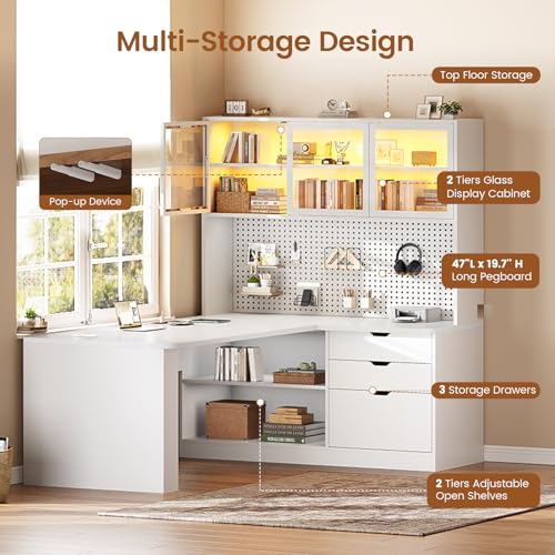 SEDETA L Shaped Corner Gaming Desk with 3 Wood Drawer and Large Bookshelf - color: White