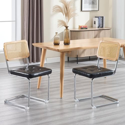 KCC Modern Dining Chairs Set of 2, Faux Leather Rattan Chair,Black | Mid Century Kitchen Side Chairs with Metal Legs and Upholstered Seat for Dining Room,Living Room,Bedroom,Silver Legs - color: Black+silver Legs, size: Set of 2