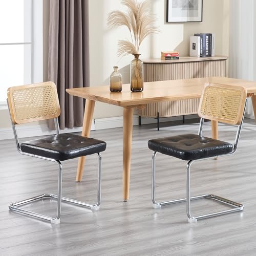 KCC Modern Dining Chairs Set of 4, Faux Leather Rattan Chair,Black | Mid Century Kitchen Side Chairs with Metal Legs and Upholstered Seat for Dining Room,Living Room,Bedroom,Silver Legs - color: Black+silver Legs, size: Set of 4