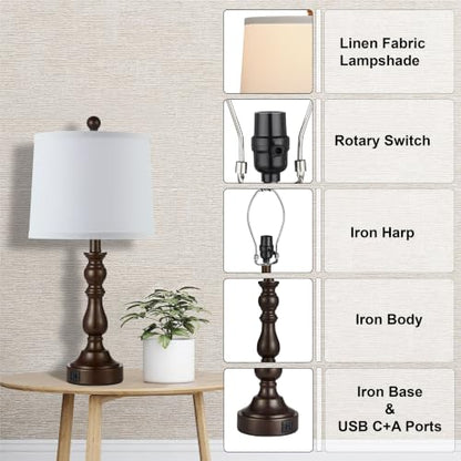 Brown Table Lamps Set of 2, Brown Lamps for Bedroom, USB C+A Ports - color: G. White Shade & Brown Base