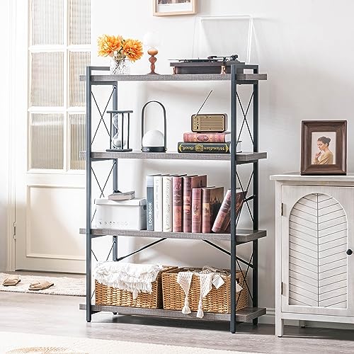 HCHQHS Bookshelf, 4-Tier Industrial Bookcase, Rustic Open Book Shelf, Freestanding Tall Bookshelves with Metal Frame - color: Grey, size: 4-Tier (35.8"W x 51.2"H)