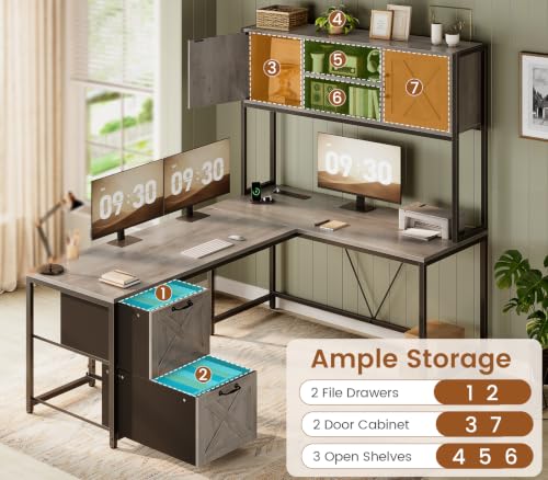 SEDETA Reversible Farmhouse L Shaped Gaming Desk with Drawers, Hutch - color: Light Gray