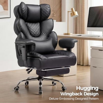 COMHOMA Big and Tall Office Chair with Upgrade Footrest, Heavy Duty Gaming Chair High Back Executive Chair with Spring Lumbar Support for Lower Back Pain Relief, 150°Reclining Adjustable Armrests - color: Black