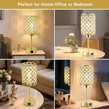 GyroVu Gold Crystal Bedside Table Lamps Set of 2 with USB C+A Ports - color: Gold-2, size: 14.75"