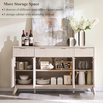 T4TREAM 60 Inch Fluted Buffet Sideboard Cabinet, White Alder | Modern Coffee Bar Storage Cabinet With 3 Drawers & 4 Doors, for Dining Room, Living Room, Hallway, Adjustable shelves - color: White Alder