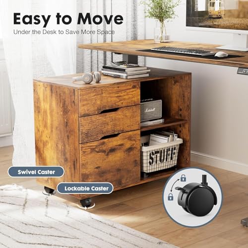Healsmart Multifunction File Cabinet with Wheels, 3-Drawer Rolling Storage Organizer with Wood Top & Adjustable Shelf, Mobile Filing Cabinet Printer Stand for Home Office Small Space, Brown - color: Brown, style: Upgrade