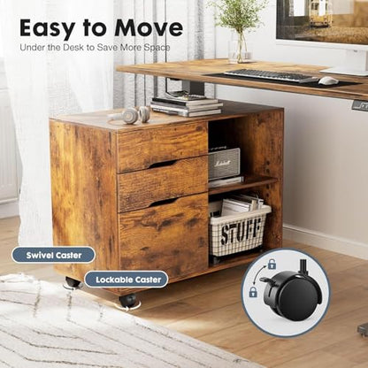 Healsmart Multifunction File Cabinet with Wheels, 3-Drawer Rolling Storage Organizer with Wood Top & Adjustable Shelf, Mobile Filing Cabinet Printer Stand for Home Office Small Space, Brown - color: Brown, style: Upgrade
