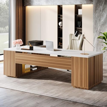 Tribesigns 85.8-Inch L-Shaped Executive Desk, White & Brown - color: White & Brown