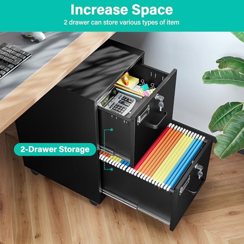 2 Drawer File Cabinet on Wheels,Metal Filing Cabinet with Lock,Black Rolling File Cabinets with Casters,Under Desk Office Cabinets for Home Office,Fit A4/Letter/Legal,Easy Assembly - color: Black, style: 2 Drawer with Wheels