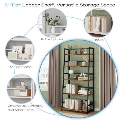 JSB 5 Tier Bookshelf, No Assembly Folding Ladder Bookshelf, 51.6in Tall Foldable Ladder Shelf, Bookcase for Home Office, Living Room,Space-Saving (Rustic & Brown, 5 Tier) - color: Rustic & Brown