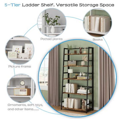 JSB 5 Tier Bookshelf, No Assembly Folding Ladder Bookshelf, 51.6in Tall Foldable Ladder Shelf, Bookcase for Home Office, Living Room,Space-Saving (Rustic & Brown, 5 Tier) - color: Rustic & Brown