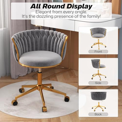 HENGJIANYI Velvet Woven Home Swivel Vanity Desk Chair with Gold Base, Gray | Modern Height Adjustable Office Chair with Metal Base and Hand Weaving Back Wheels for Bedroom Study Small Space girl women - color: Grey