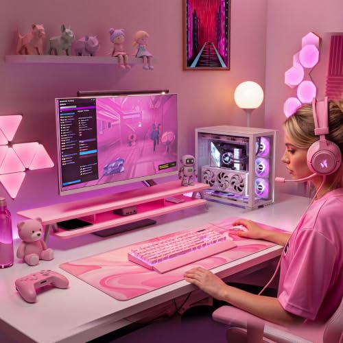 Fenge Dual Monitor Stand Riser, Wooden Desk Shelf with 2-Tier Storage - color: Pink, size: 42.5 Inch