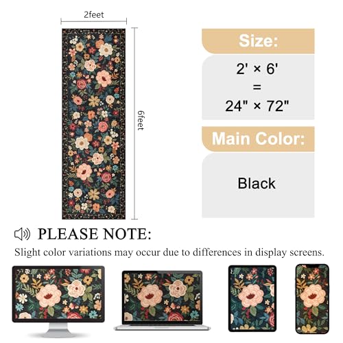 DUKINO 2x6 Runner Rug for Hallway, Washable Runner Rug Non Slip, Black | Low Pile, Soft, Floral Indoor Rug for Kitchen, Entryway, Bedroom, Laundry, Bathroom, Pet Friendly, Lightweight, Home Decor - color: Black, size: 2' x 6' (Rectangular)