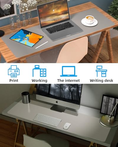 Leather Desk Pad & Protector, Large Mouse Pad & Blotter, Non-Slip PU Leather Desk Cover Mat, Light Grey, 48" x 17" - color: Light Grey, size: 48" x 17"