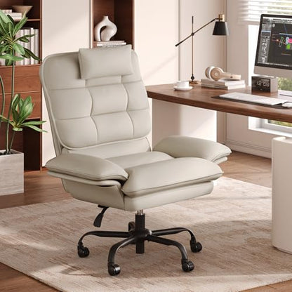 Bestier Cross Legged Office Chair with Headrest PU Leather Beige | Criss Cross Chair with Adjustable Arms 135° Reclining Executive Chair Big and Tall Computer Desk Chair for Home - color: Beige Pu Leather, size: High Back