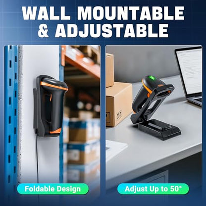 Tera Barcode Scanner with Folding Stand: 1D 2D QR Wireless Reader, D5100-CR | Charging Cradle, 2.4G Wireless, USB Wired, Wall Mountable, Adjustable Angle, IP54, Vibration Alert, Warehouse Retail School - color: Black