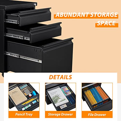 3 Drawer File Cabinet with Wheels, Metal Filing Cabinet with Lock, Office Rolling File Cabinets for A4/Legal/Letter Size, Assembly Required, Black - color: Black, size: 3 Drawer (Wheel)