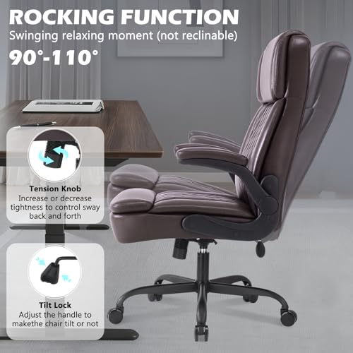 450LBS Big and Tall Executive Office Chair with Flip up Arm,Heavy Duty PU Leather Computer Desk Chair,Comfortable High Back Swivel Home Office Chair with Rolling for Adults,Spring Cushion,Metal Base - color: Brown