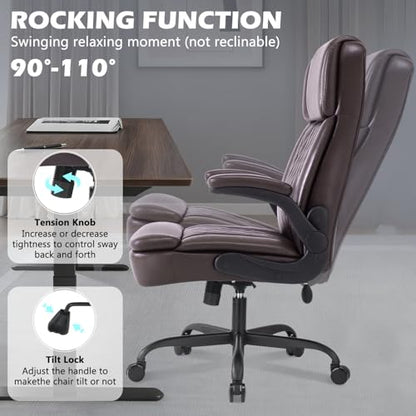 450LBS Big and Tall Executive Office Chair with Flip up Arm,Heavy Duty PU Leather Computer Desk Chair,Comfortable High Back Swivel Home Office Chair with Rolling for Adults,Spring Cushion,Metal Base - color: Brown