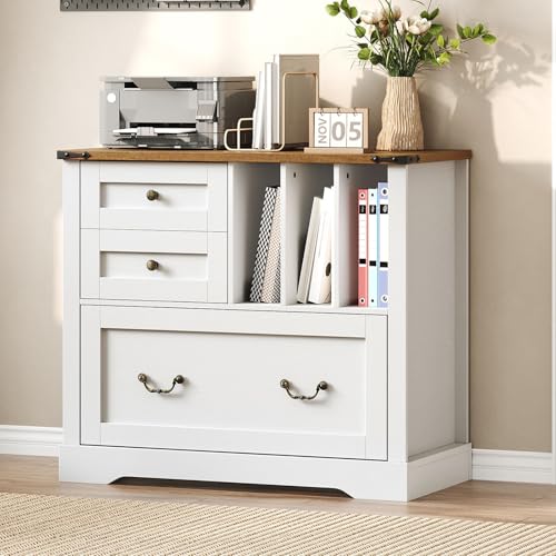 RALGEND Farmhouse File Cabinet for Home Office, Lateral Filing Cabinet with 3 Drawers & Folder Organizer, Office Storage Cabinet for A4 Letter Files, Printer Stand with Storage Cabinet, White & Walnut - color: White and Walnut