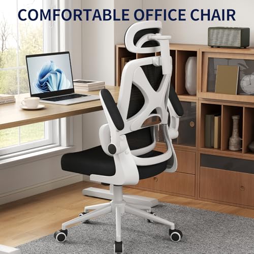 Ergonomic Office Chair - Desk Chair with Adjustable Headrest Lumbar Support Computer Chair - Mesh Comfy Chair with Flip-up Armrests - Gaming Chairs for Adults Home Office 330 LBS (White+Black) - color: White+black