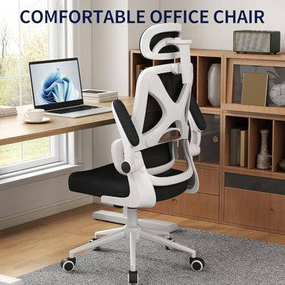 Ergonomic Office Chair - Desk Chair with Adjustable Headrest Lumbar Support Computer Chair - Mesh Comfy Chair with Flip-up Armrests - Gaming Chairs for Adults Home Office 330 LBS (White+Black) - color: White+black