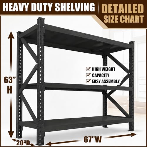 Heavy Duty 3 Tier Metal Book Shelf Adjustable Bookcase | 6000 LBS Bolt-free Storage Shelves with Deep Bookshelf for living Room, Office and Garage Storage, 67"Wx 20"Dx 63"H - size: Reinforced 67"Wx 20"Dx 63"H
