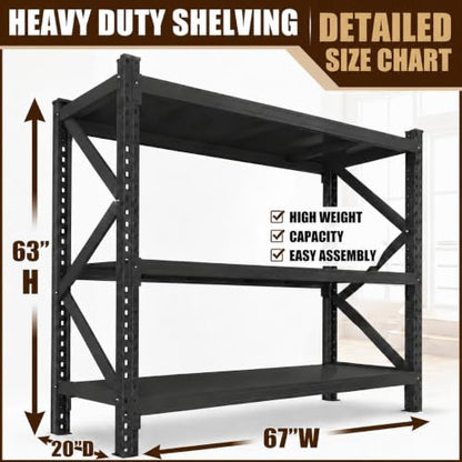 Heavy Duty 3 Tier Metal Book Shelf Adjustable Bookcase | 6000 LBS Bolt-free Storage Shelves with Deep Bookshelf for living Room, Office and Garage Storage, 67"Wx 20"Dx 63"H - size: Reinforced 67"Wx 20"Dx 63"H