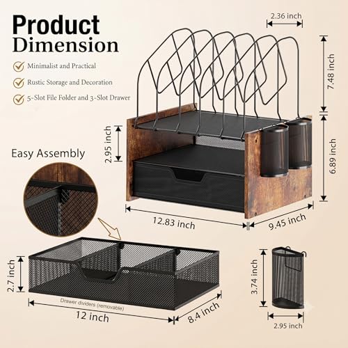 Desk Organizer with Drawer, Desktop File Organizer and Paper Tray Organizer with Vertical File Holder, Office Desk Accessories for Mail, Documents, Papers, Notebooks and Home Office Storage - size: 2 Tier Drawer with Vertical File Holder