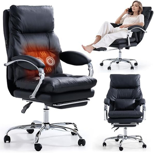 Massage Office Chair with Foot Rest Home Office Heated Desk Chair | High Back Work Chair PU Leather Computer Chair with Lumbar Support Ergonomic Reclining Executive Chair for Home Office, Black - color: Ink