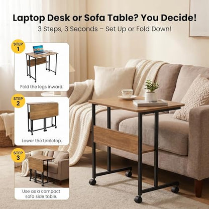 Mobile Foldable Computer Desk with Lockable Wheels & Fixed Foot Pads,Space Saving Folding Writing Gaming Table with Storage Shelf,Laptop Desk for Bedroom Small Apartment Office - color: Walnut Folding Table