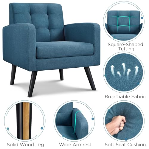 Yaheetech Mid Century Accent Chair Living Room Chair Navy Blue | Linen-Like Upholstered Sillones Para Sala, Modern Reading Nook Chair, Button Tufted Back, Rubberwood Legs, Bedroom Office - color: Navy Blue, size: set of 1
