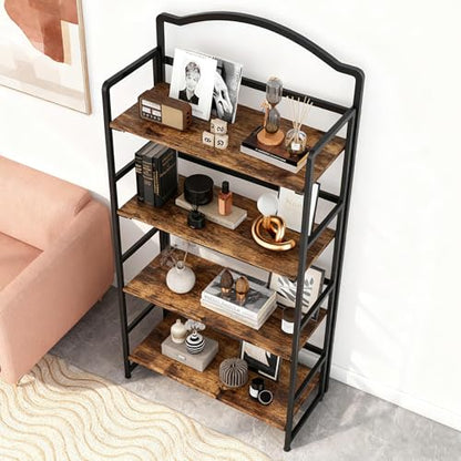 JSB 4 Tier No Assembly Folding Bookshelf, Arched Bookshelf, Foldable Bookcase for Living Room, Bedroom, Office,Skinny Bookshelf (Fire Brown) - color: Fire Brown, size: 4-Tier