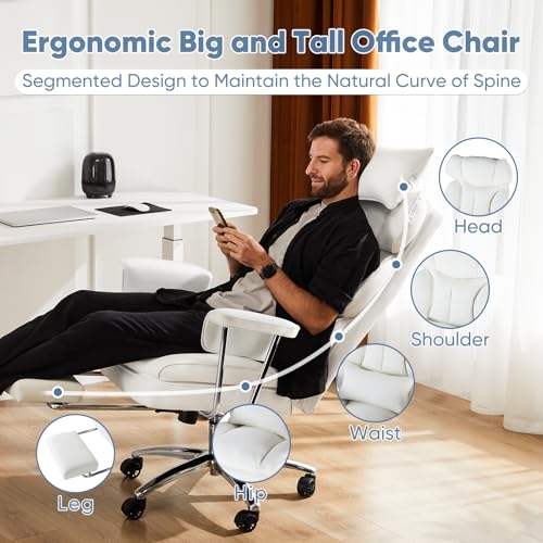 DUMOS Ergonomic Home Office Desk Chair, Executive Chair, PU Leather | Big Tall High Back, Lumbar Support, Reclining Height Adjustable, Computer Gaming, Footrest Swivel Wheels, Snow White - color: Snow White