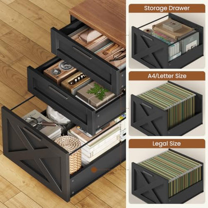 SEDETA 55.1" Farmhouse Desk with Hutch & 3 Storage Drawers - color: Black and Brown, size: Desk with Hutch (55")