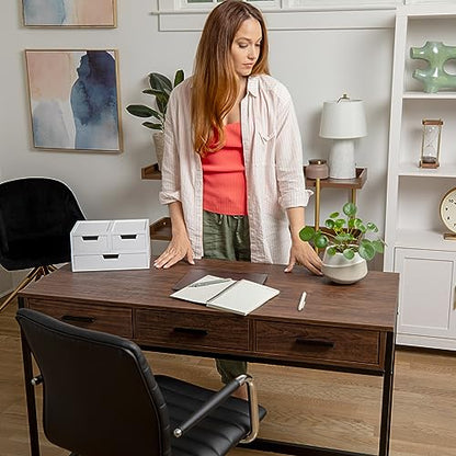 Martha Stewart Ollie Home Office Desk with 3 Drawers in Walnut Wood Grain with Oil Rubbed Bronze Hardware - color: Walnut Top/Oil Rubbed Bronze Frame