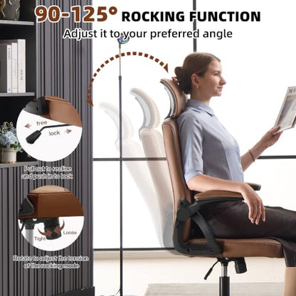Leather Office Chair,Executive Ergonomic Desk Chair for Home Office, Brown - color: Brown