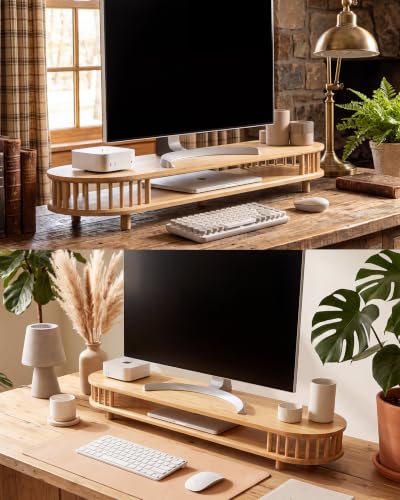 42 Inch Curved Dual Monitor Stand Riser with Spindle Rods - color: Bamboo, size: 42 inch-1