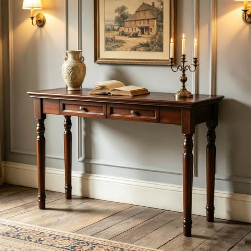 47" Narrow Solid Wood Writing Desk with Drawers, Walnut - color: Walnut, size: Narrow-47 inches
