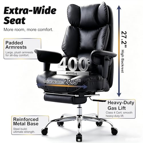 Efomao Executive Office Chair 400lbs, Black Big and Tall Desk Chair | Mattress-grade pocket spring cushion, sleek leather, 135° recline & footrest for computer gaming setup. - color: 3084p-black