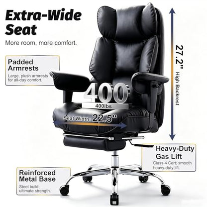 Efomao Executive Office Chair 400lbs, Black Big and Tall Desk Chair | Mattress-grade pocket spring cushion, sleek leather, 135° recline & footrest for computer gaming setup. - color: 3084p-black