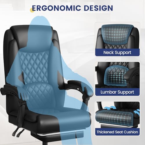 Shahoo Big and Tall Office Chair Height Adjustable Faux Leather Chair with Footrest and Lumbar Support, Ergonomic High Back Computer Chair with 360° Swivel Wheels Task Chairs for Office Home, Black