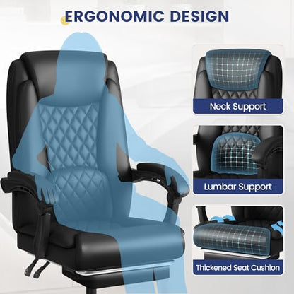 Shahoo Big and Tall Office Chair Height Adjustable Faux Leather Chair with Footrest and Lumbar Support, Ergonomic High Back Computer Chair with 360° Swivel Wheels Task Chairs for Office Home, Black