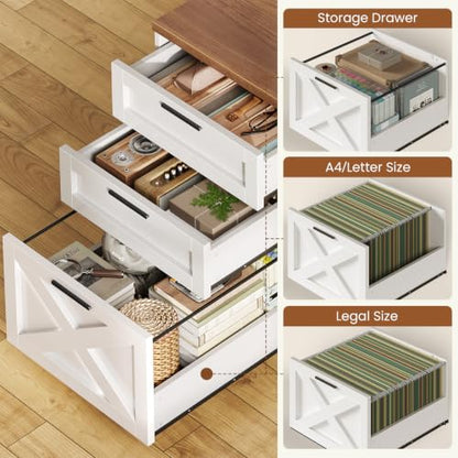 SEDETA 55.1" Farmhouse Desk with Hutch & 3 Storage Drawers - color: White and Brown, size: Desk with Hutch (55")