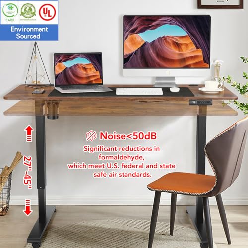 farexon 55 x 24inch Electric Standing Desk Adjustable Height with Power Outlets, Stand up Desk with Wheels,Outlets, Mouse Pad, Preset Heights Home Office Gaming Computer Workstations Table（Brown） - color: Brown, size: 55 x 24''-Outlets