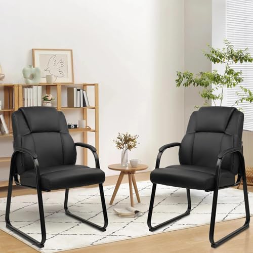 CLATINA Ergonomic Black Guest Chair with Arms Set of 2- Office Reception & Conference Seating, PU Leather Meeting Chairs with Sled Base for Waiting Rooms & Home Offices - color: Black-sled Base, size: 2PK